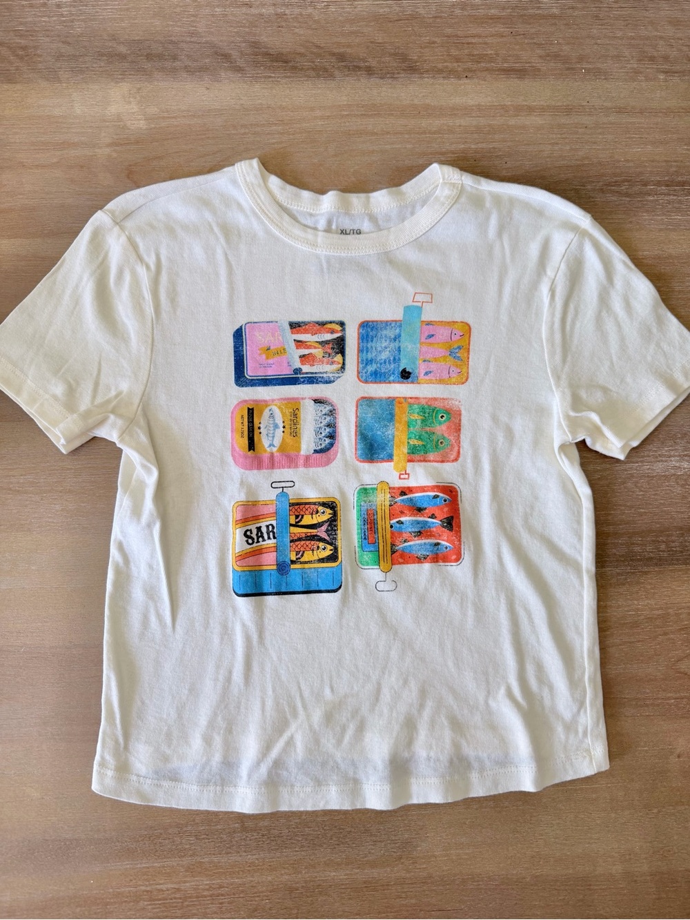 White Graphic T-Shirt with Colorful Tin Can Sardines Print, XL
